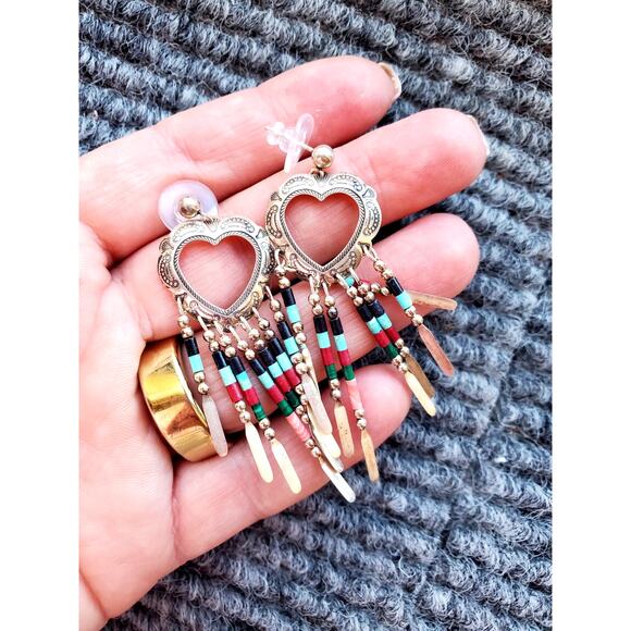 QT Quoc Turquoise Sterling Sliver Southwestern Heart Concho Drop Earrings - Picture 4 of 5